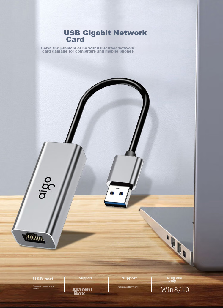 Aigo USB to RJ45 Gigabit Ethernet Adapter, Network Cable Converter, Laptop Docking Station, USB Hub, Expansion Dock R03A (Metal) 1