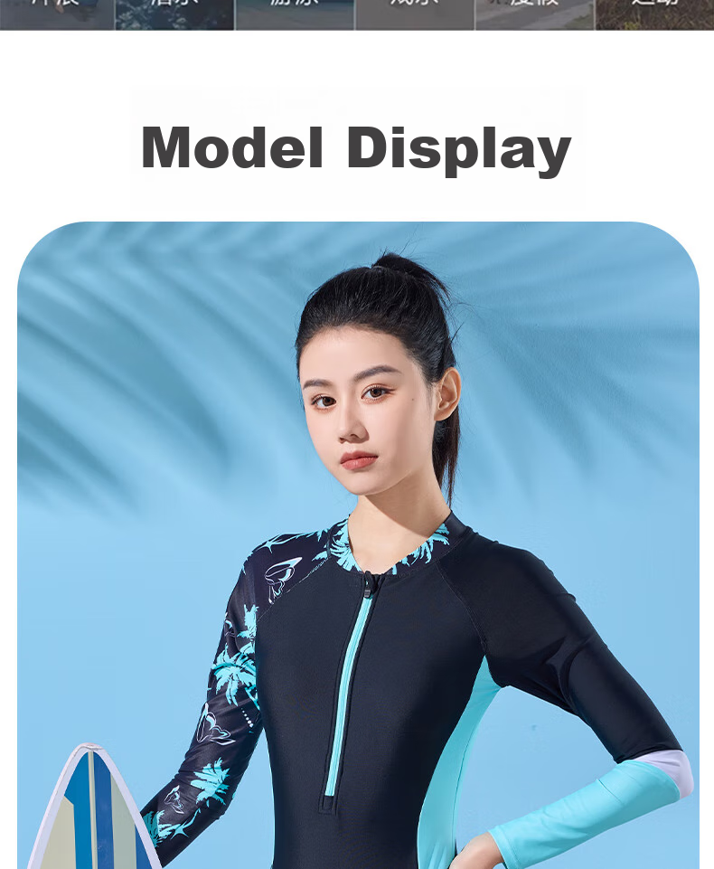 Li-Ning Women's One-Piece Swimsuit, Square Leg, Long Sleeve, Sun Protection, Conservative, Contrasting Colors, Slim Fit, Hot Spring Swimwear, 492 Black Blue, L 15