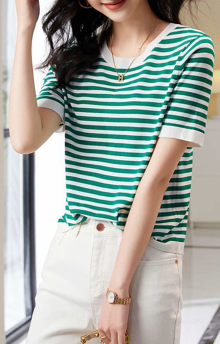 Dme [Hyperbolic Ice Linen Sweater] Summer Round Neck Short Sleeve Striped Knit Top for Wome 8