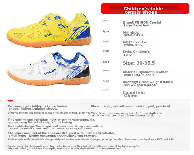 WINION Premium Table Tennis Shoes for Children Boys Girls, Professional Non-Slip Wear-Resistant Training Shoes, White And Blue, Size 34 5