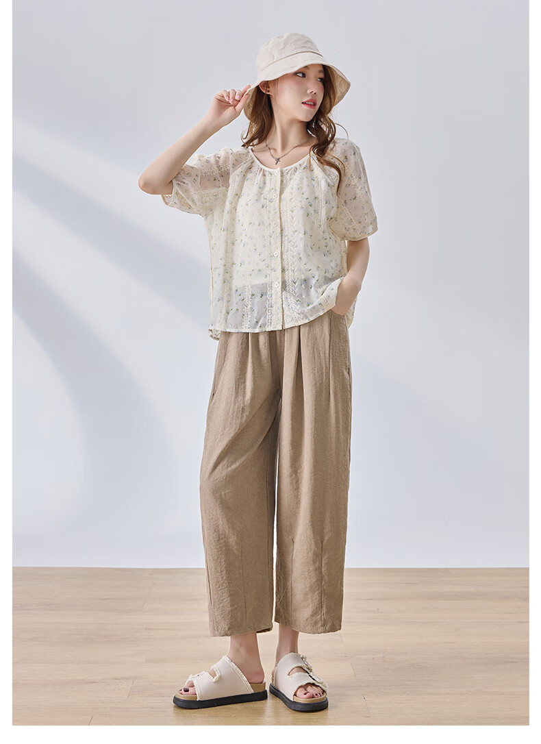 LangSha Lazy Summer Refreshing Cool Milk Puff Pants for Women, High-Waisted Thin Casual Versatile Wide-Leg Cropped Pants for Petite Figures 15