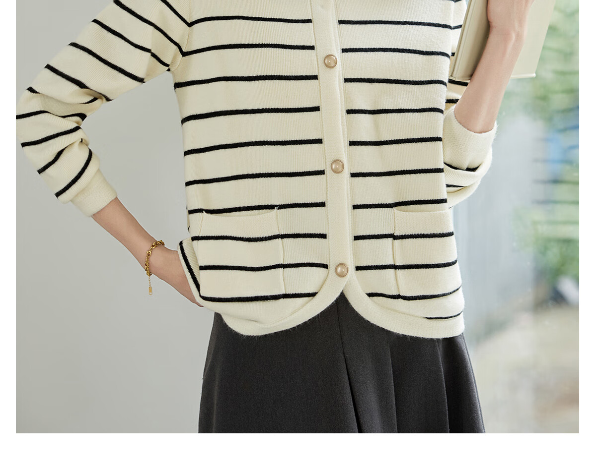 Chushen Spring And Autumn Knitted Cardigan for Women, Versatile Round Neck Fashionable Striped Curved Hem Sweater Jacket Top S143Z1032 7