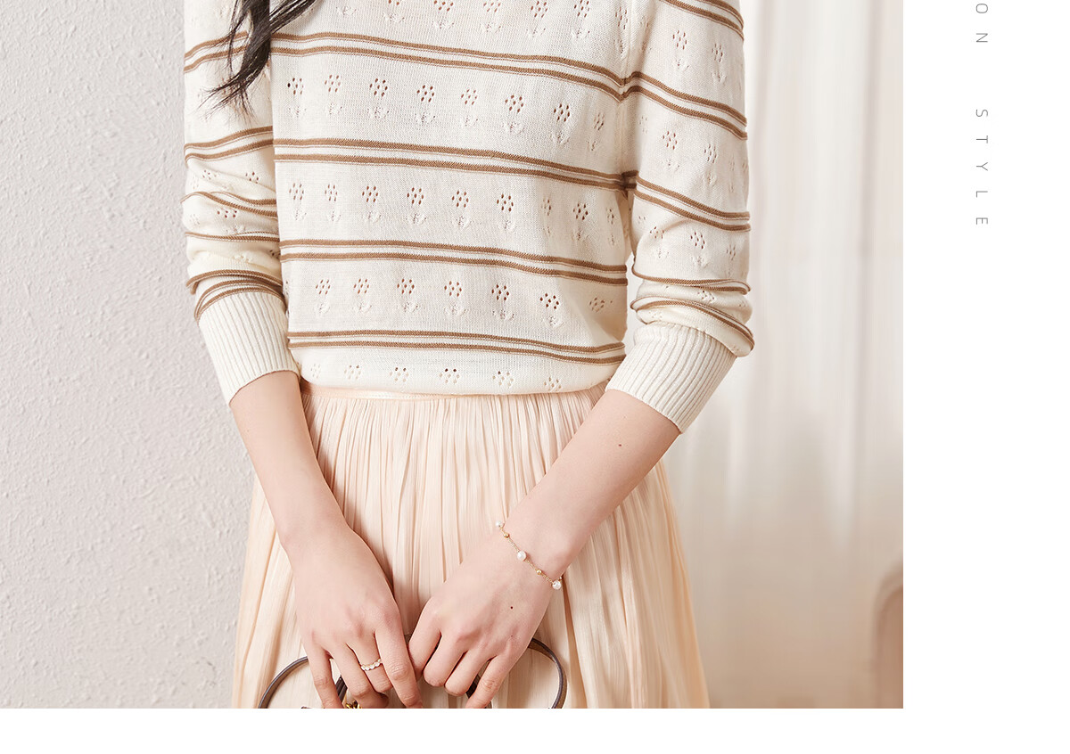 Chushen Women's Autumn And Spring Knit Sweater, Fashionable Casual Round Neck Hollow Striped Thin Long-Sleeve Knitted Top S61Z163 11