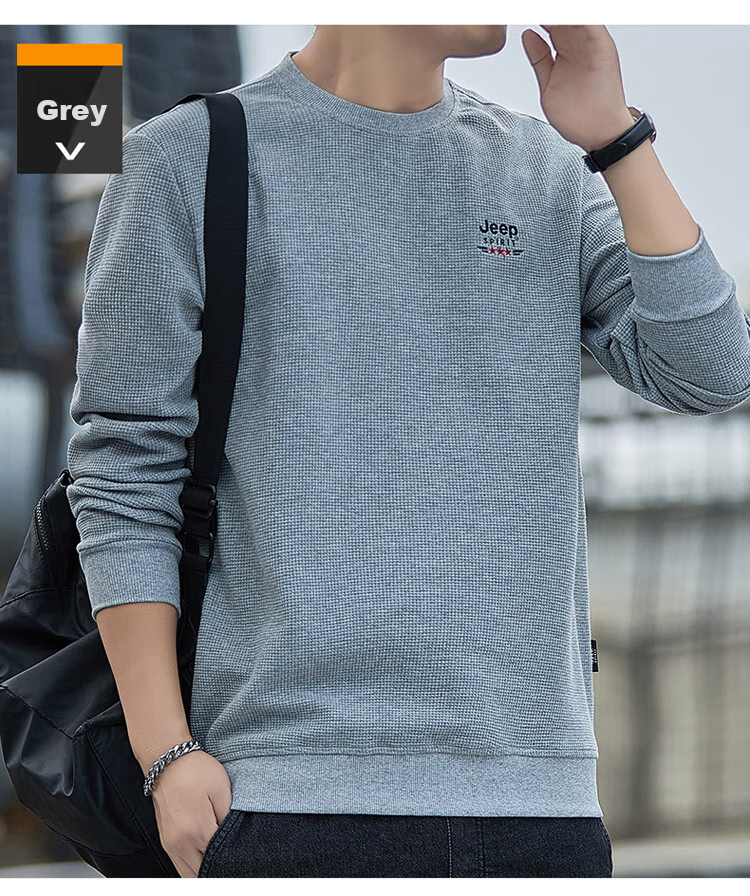 JEEP SPIRIT Men's Sweatshirt, Autumn Round Neck Long Sleeve T-Shirt, Loose Waffle Knit Base Layer, Black, M 17
