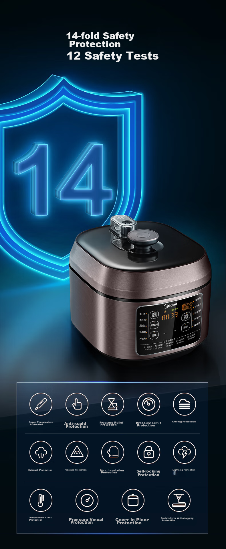 Midea Electric Pressure Cooker, 5L Stainless Steel Inner Pot without Coating, Household High-Pressure Cooker, Multifunctional Smart Lid with Timer, Steam And Boil Separately, Less Salt for Better Flavor, MY-C540G 17