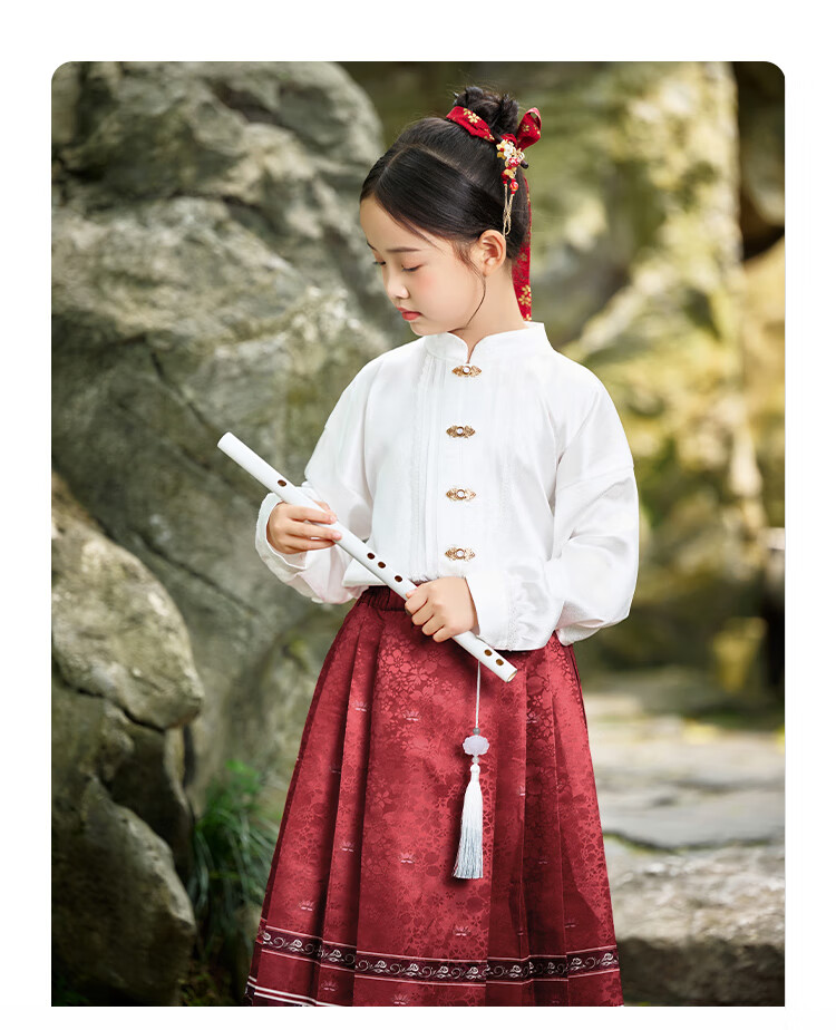 QQ DUCK Children's Hanfu Costume Set for Girls with Horse-Face Skirt, Student And Teen Clothing, Beige Deer Color + Wine Red; Size 120 12