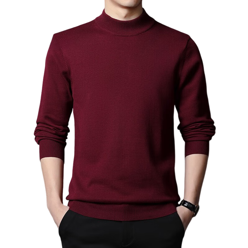 MULINSEN Men's Half Turtleneck Sweater Autumn Winter Pure Cotton Qi Ji Red New Year Zodiac Knitted Base Shirt Wine Red XL