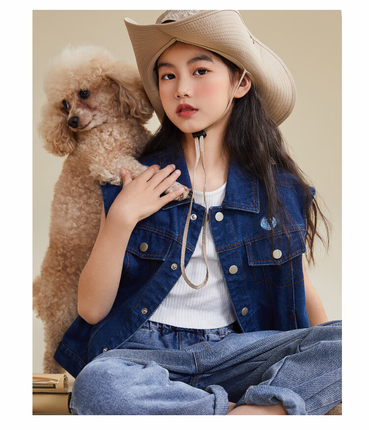QQ DUCK Children's Denim Vest, Girls' Sleeveless Jacket, Youth Clothing, Classic Vest in Light Blue; Size 130 22