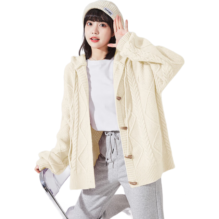TonLion 2024 Women's Sweater Cardigan Knit Loose Hooded Top Light Beige Apricot Batch 2 S