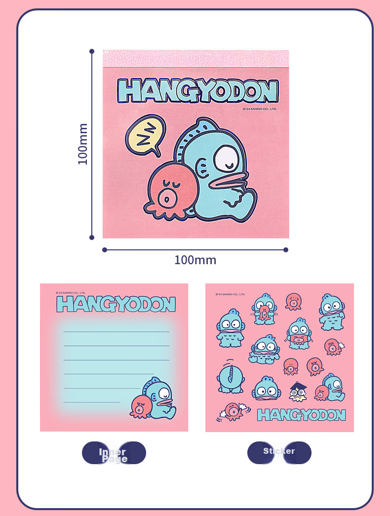 GuangBo X Sanrio Co-Branded Square Notebook, Mini Pocket Notebook, Memo Pad, Aesthetic Journal, Notepad, 100*100mm/80 Sheets, Half-Person Fish Green, KT81387 3
