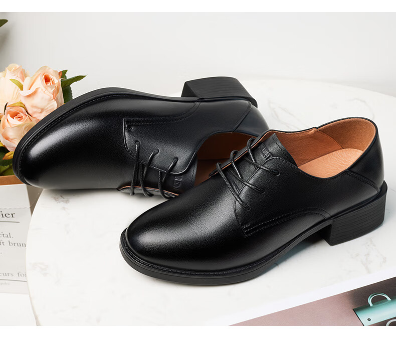 LAORENTOU Women's Shoes, Fashionable Chunky Heel Work Shoes, Round Toe Versatile Commuter Women's Flats, Mom Shoes, LB33262, Black, Size 39 9