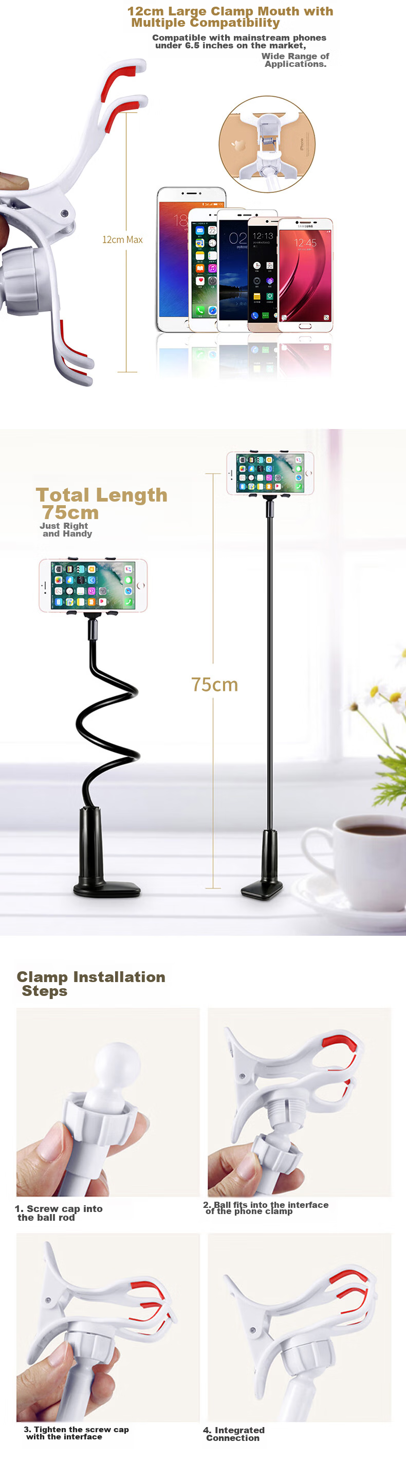 MAIKUQI Bedside Table Lazy Stand Phone Holder Adjustable Multifunctional Universal Clip Style Athens Black 75cm 3