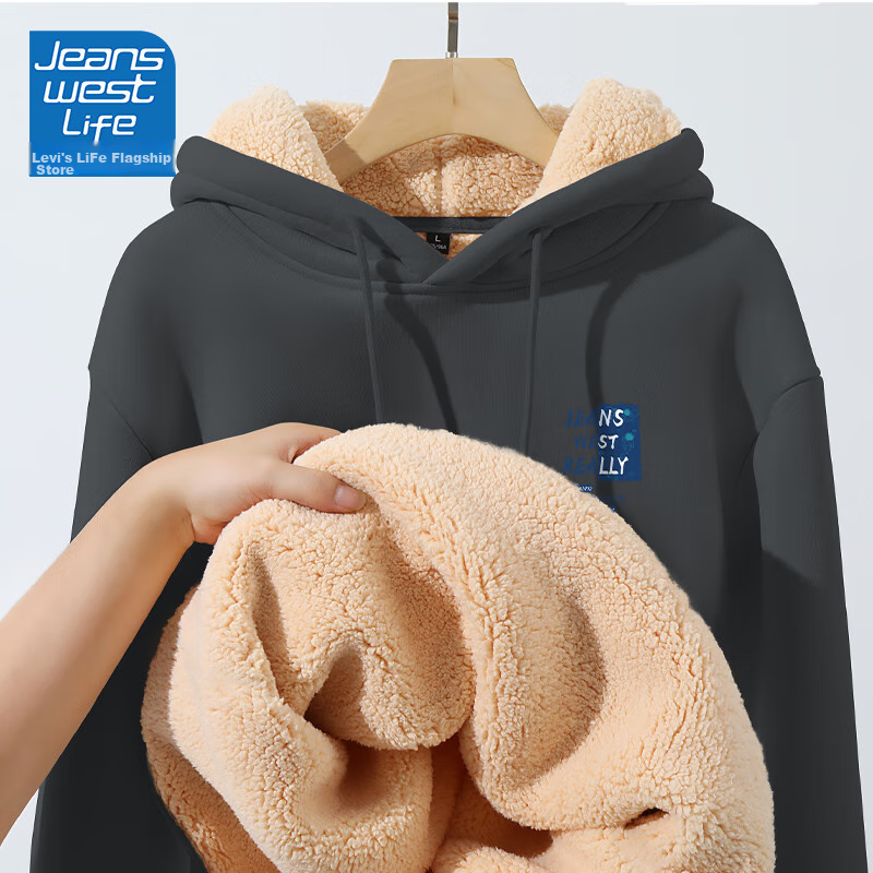 JEANSWEST LIFE Men's Lambswool Hoodie, Autumn And Winter Style with Hood, Fleece-Lined And Thickened for Warmth, Student Pullover Winter Top, Trendy 13