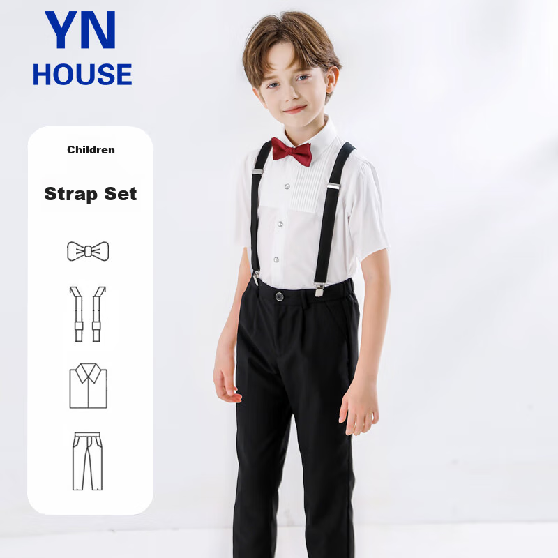 Yinuofang Children's June 1st Performance Costume, Boys' School Uniform, Class Outfit, Formal Wear, Suspender Pants Set, Short-Sleeve Long Pants, Size 120