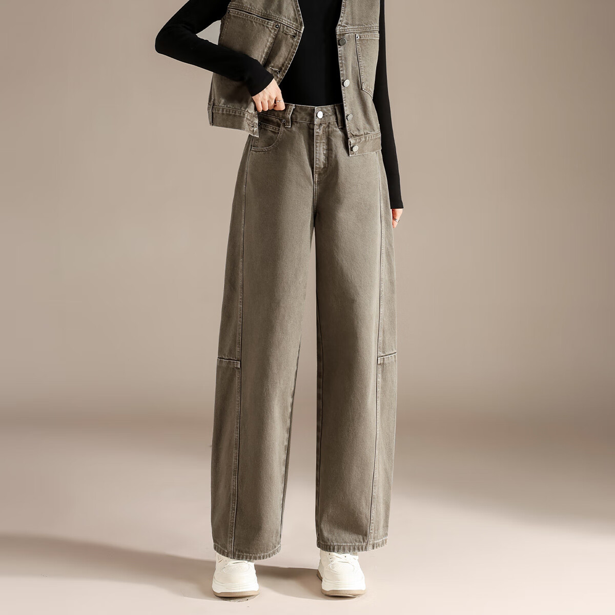 RAIN.CUN High-End Vintage Mud Gray Harem Jeans for Women, New High-Waist Loose-Fit Banana Pants for Fall 2024
