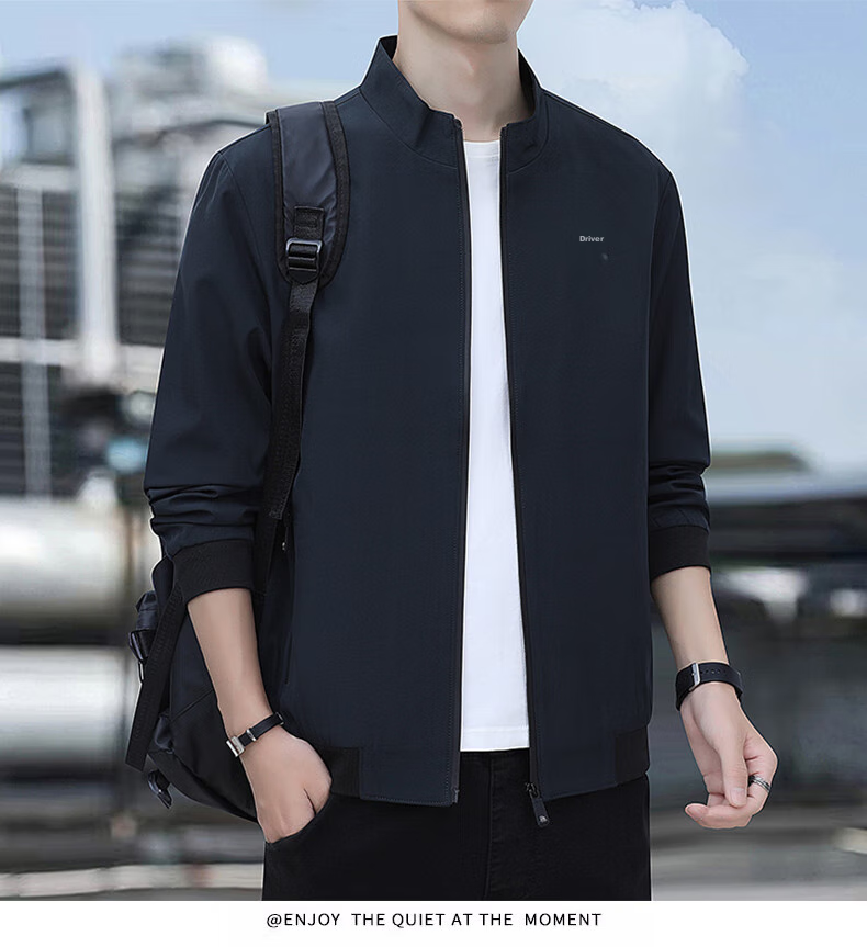 ROMON Jacket for Men, Autumn Outerwear, Stand-Up Collar Executive Business Jacket, Versatile Commuter Menswear ZH606 Black L 20