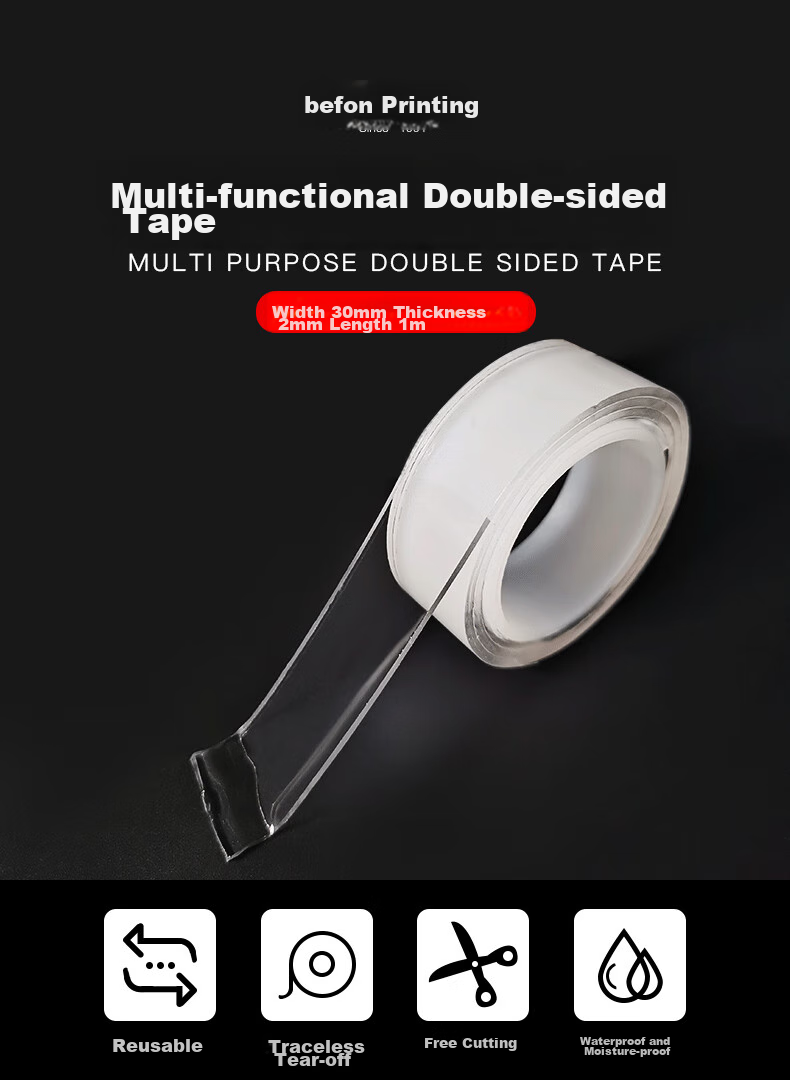 Befon Nano Double-Sided Tape, Invisible Adhesive, Removable Strong Double-Sided Tape, Transparent Tape, 30mm*2mm*3m, 1 Roll 1