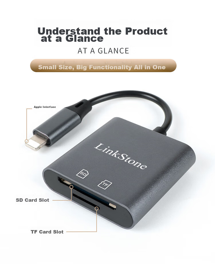 LinkStone Multi-Function Card Reader SD/TF Two-In Compatible with Apple Card Reader, OTG Card Reader, Dash Cam, DSLR Camera Monitoring, Smartphone And Camera Storage Memory Card 3