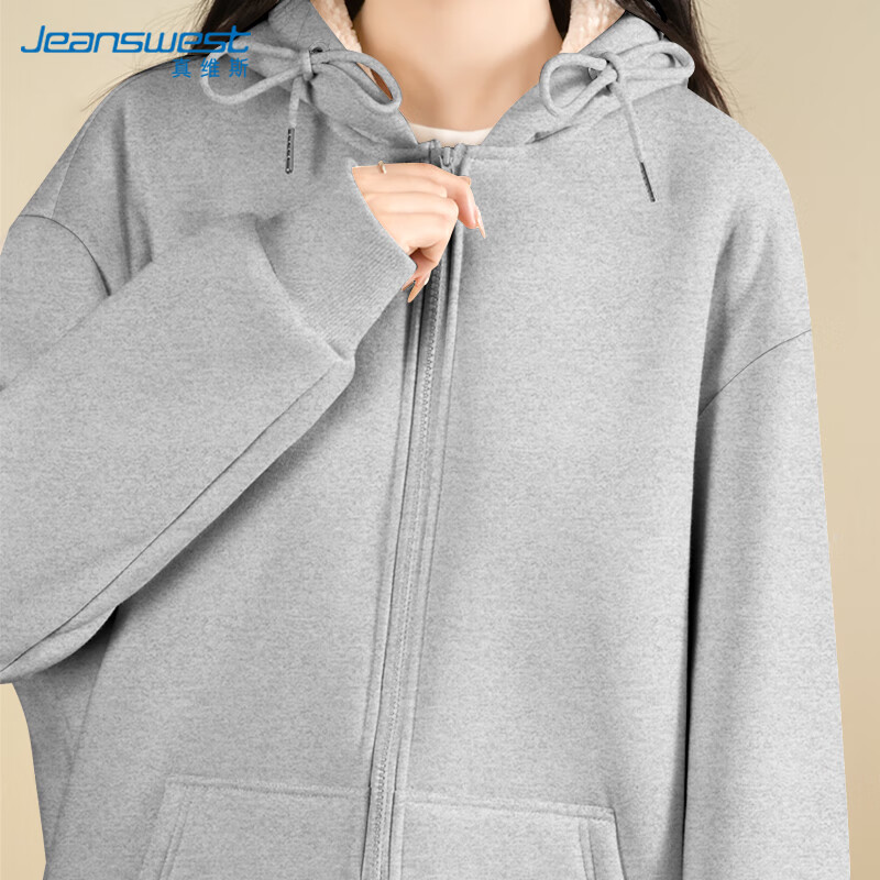 Jeanswest Women's Fleece-Lined Hoodie 2025 Winter Thickened Sherpa Jacket Solid Color Zip-Up Top