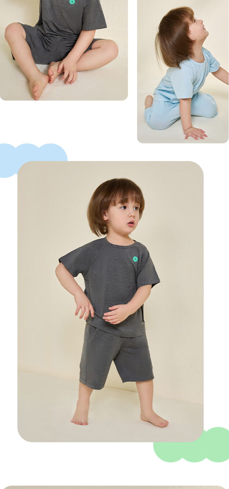 Q21 Kids Pajama Set Boys Girls Baby Moisture-Wicking Skin-Friendly Antibacterial Short Sleeve Homewear Milky Blue 120 9