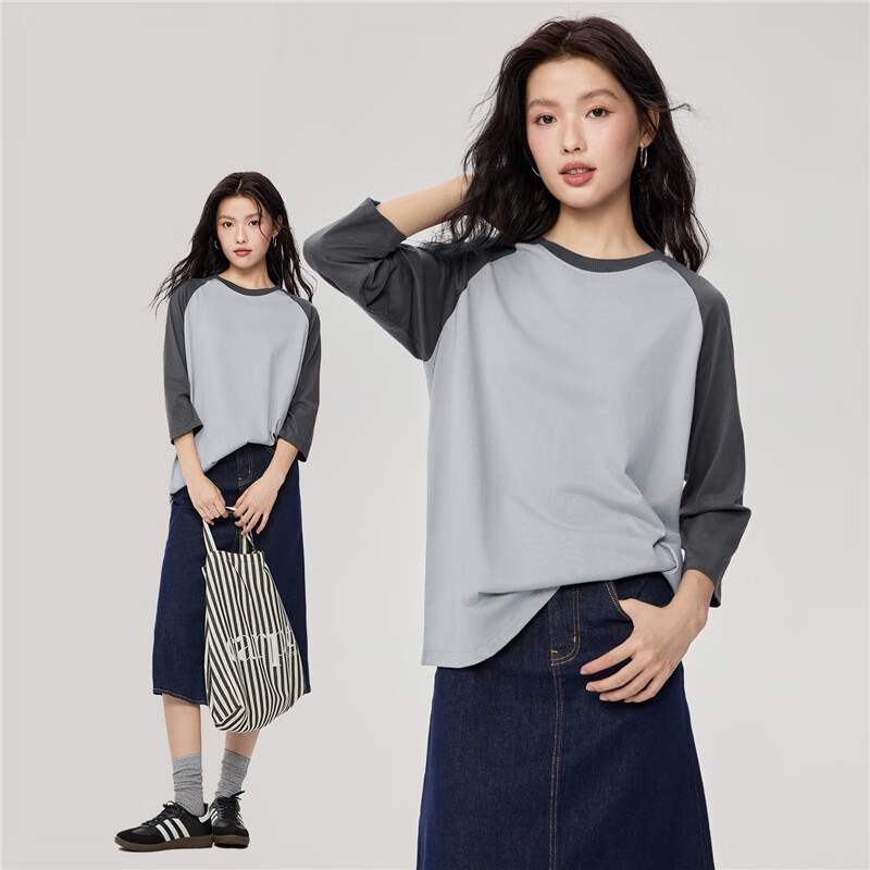 Giordano Women's Three-Quarter Sleeve T-Shirt, 2026 New Style, Pure Cotton, Contrasting Color Raglan Round Neck Casual Top, 05325788