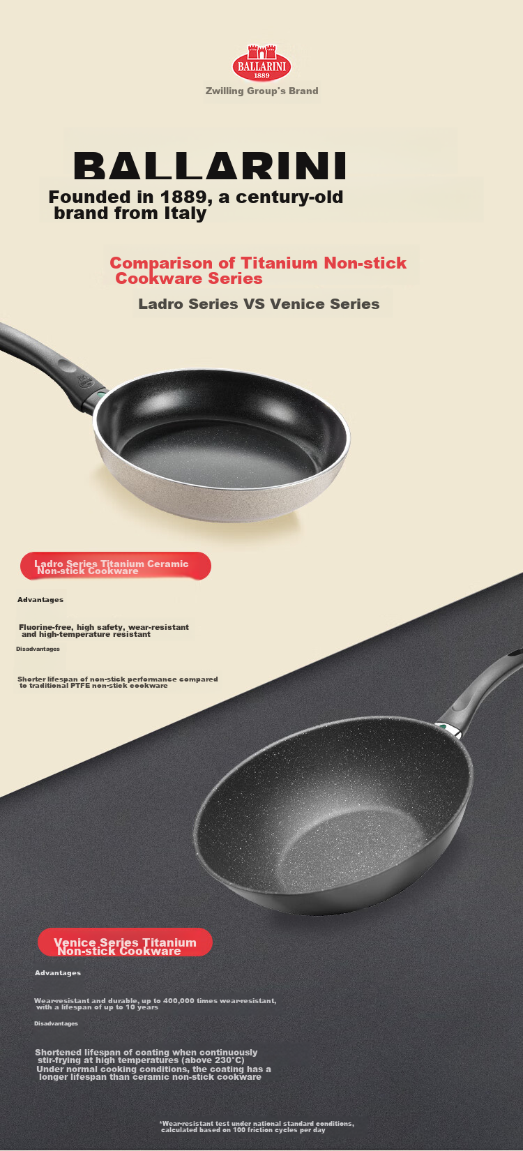 BALLARINI [Imported] Non-Stick Pan with Titanium Ceramic Coating, Flat Bottom Pan, Zero Fluorine, Induction Cooker Compatible, Stir-Fry Pan, 26CM, Laidro 10