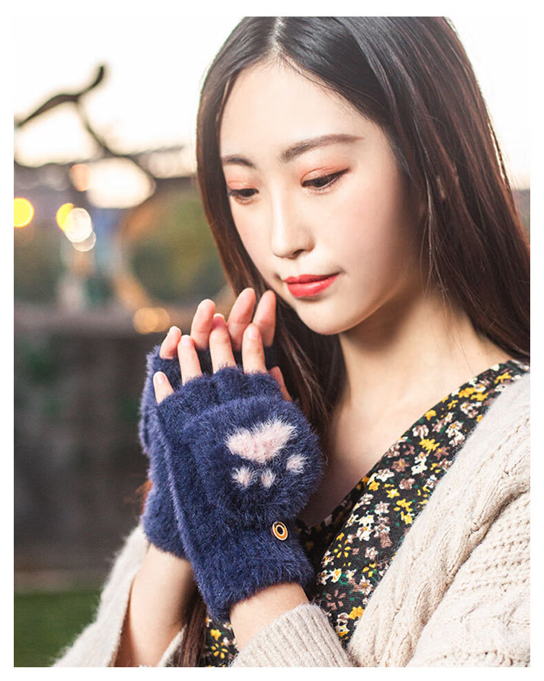 GRGN Unisex Winter Half-Finger Flip-Up Fleece-Lined Thickened Cute Knitted Fingerless Gloves 2