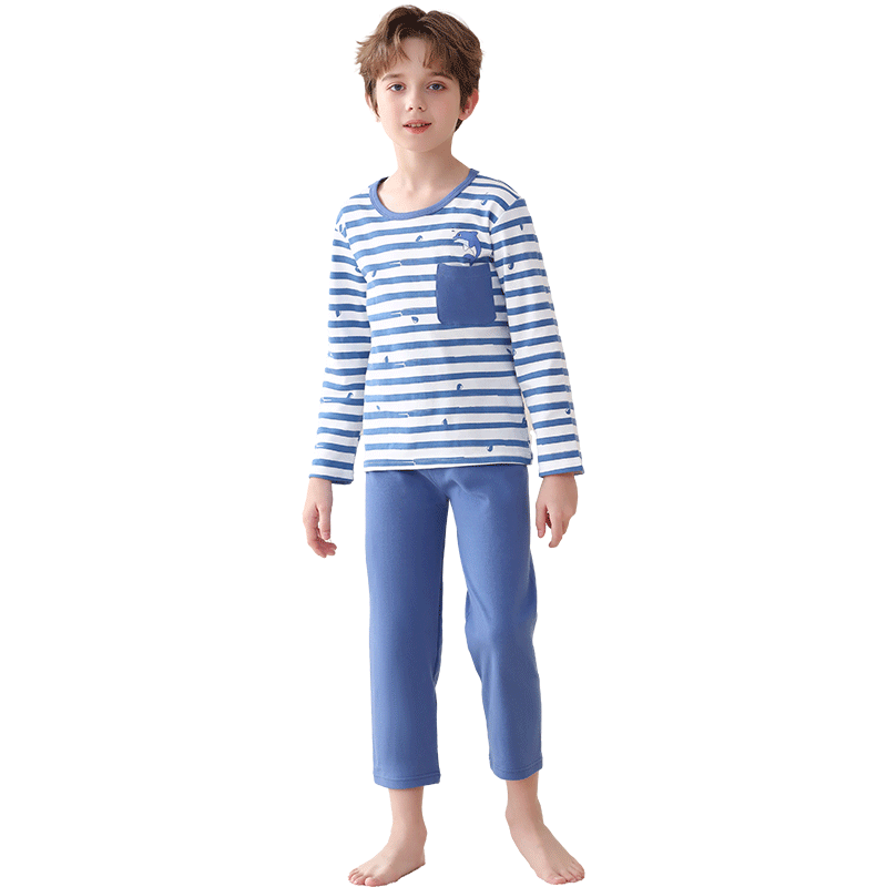 LangSha Children's Pajamas for Boys, Autumn Pure Cotton Round Neck Sleepwear for Older Kids, Home Wear for Teenagers And Toddlers, Boys' Long-Sleeve Set