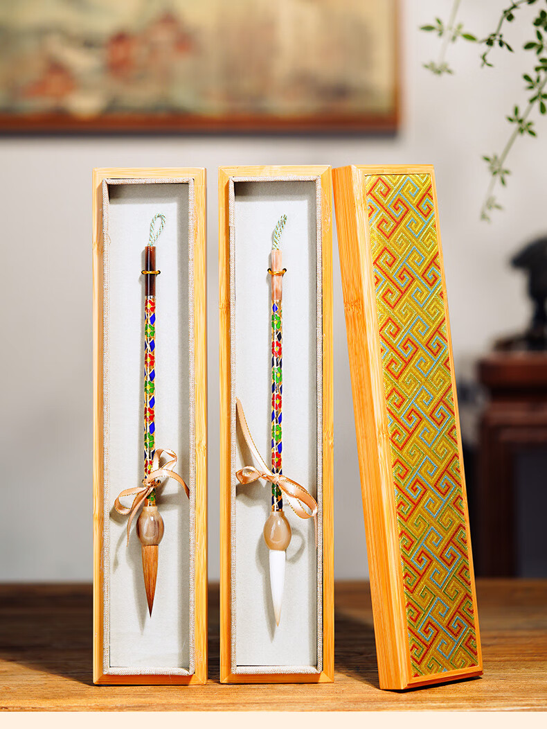 Rongbaozhai Calligraphy Brush Set, Sheep Hair Traditional Carved Enamel Ox Horn Handle, Four Treasures of The Study, Calligraphy Running Seal Script Regular Handmade Soft Brush, High-End Premium Collectible Gift Box, Jingtai Blue Sheep Hair 1