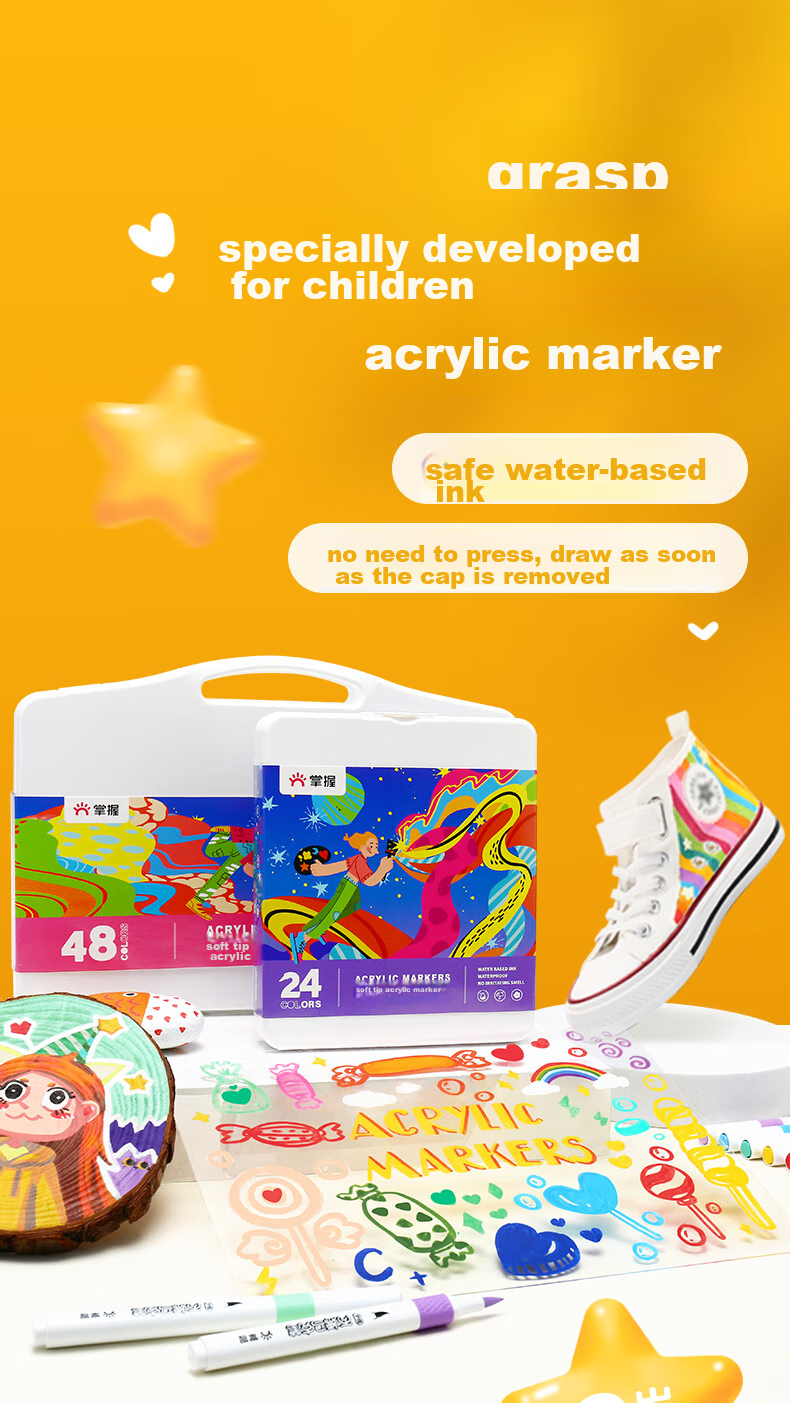GRASP Acrylic Markers, 24 Colors, Soft Tip, Large Capacity, Stackable, Watercolor Pens, Skin-Friendly, Washable, Drawing Brushes, Children's Doodle Painting DIY, Birthday Gift for Boys And Girls 1