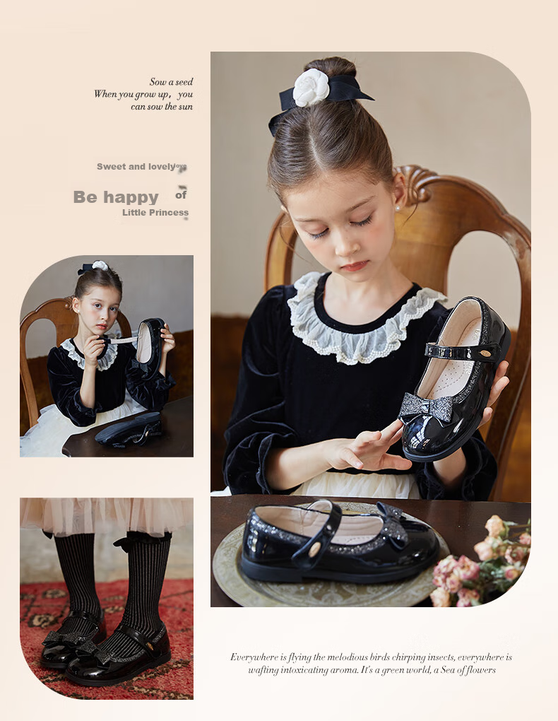 Follow Me Girls' Leather Shoes, Children's Princess Shoes, Patent Leather Soft Sole Performance Shoes, Children's Flats, Square-Toe Leather Shoes, Lotus Pink, Size 36 11