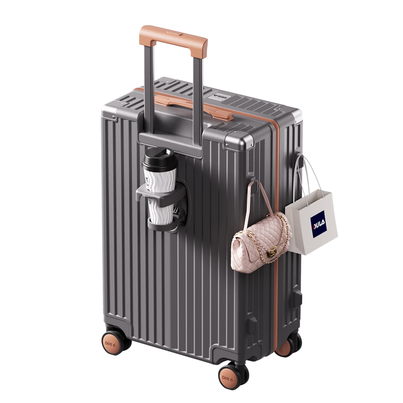 DULA Luggage, Stylish with Cup Holder, Multifunctional Trolley Suitcase for Men And Women, Travel Case with Password Lock, Flax Gray Brown, 26 Inches