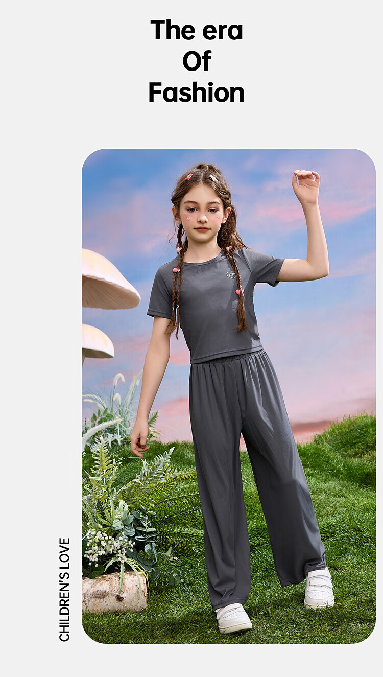 ASK JUNIOR Girls' Summer Sportswear Set: Thin Short T-Shirt + Wide-Leg Long Pants Two-Piece Set, Gray, Size 170 7