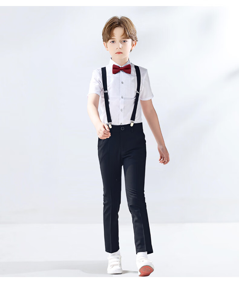 Yinuofang Children's June 1st Performance Costume, Boys' School Uniform, Class Outfit, Formal Wear, Suspender Pants Set, Short-Sleeve Long Pants, Size 120 13