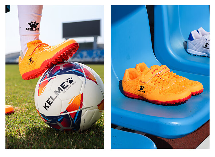 KELME Youth Soccer Shoes, Breathable Mesh, Velcro Strapless, TF Turf Studs, Student Football Boots, Orange/yellow, Size 32 11