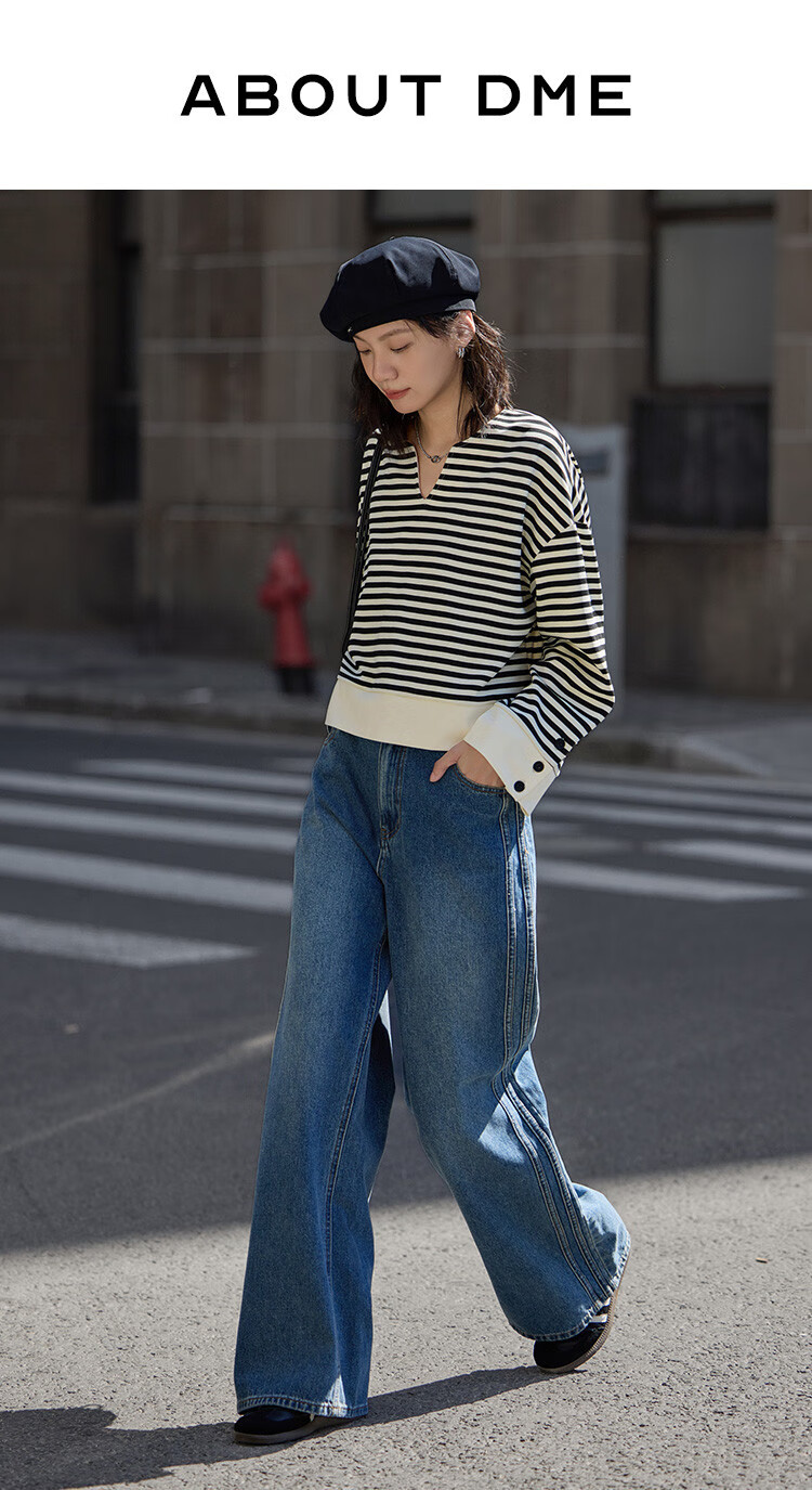 Dme Classic Black And White Color-Block Sweatshirt, Spring And Autumn Simple Design, Collar with Small V-Neck, Stylish Slit Desig 1