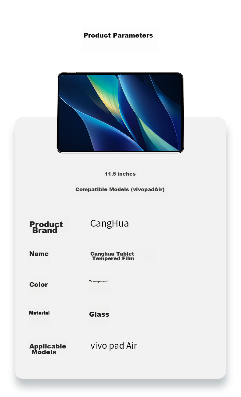 CangHua Tempered Glass Screen Protector for Vivo Pad Air 11.5-Inch, IQOO Pad Air Tablet Protective Film, Full Coverage High Definition Anti-Fingerprint Screen Protector 14