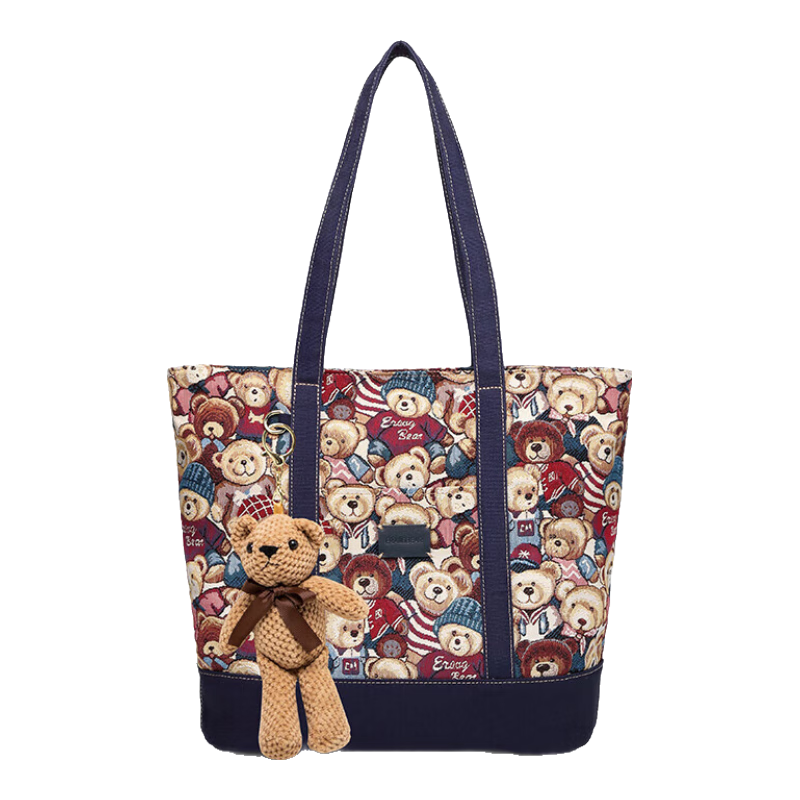 Bear Attachment Large Capacity Tote Bag Commuter Bag Embroidered Laptop Shoulder Bag for Women College Student Class Bag Christmas Gift