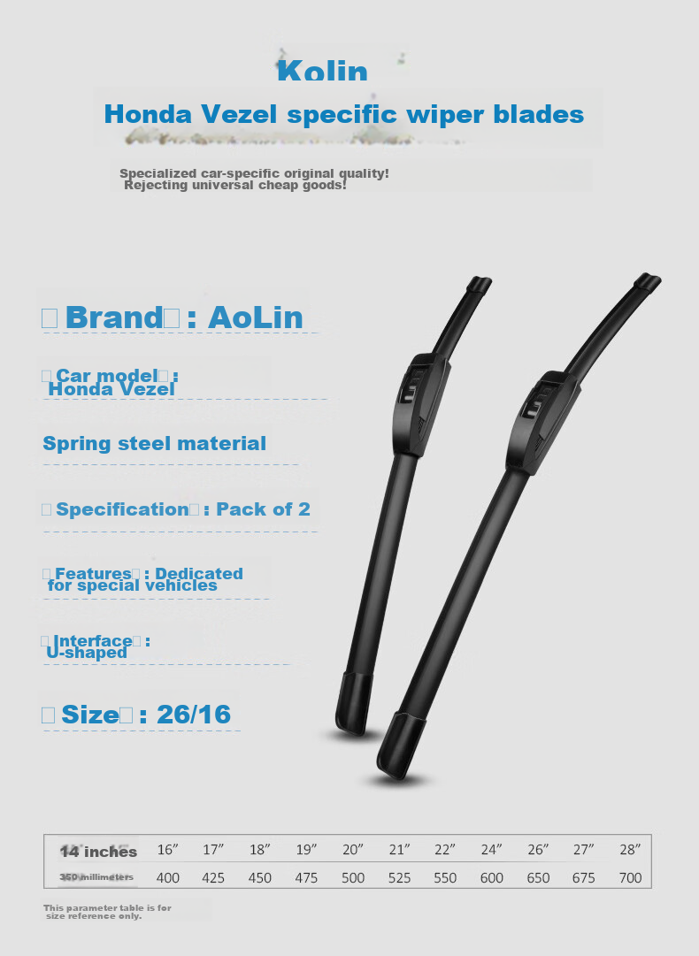 Aolin, Honda Vezel Dedicated Frameless Wiper Blade, Original Factory Size, A-Grade Rubber Strip 1