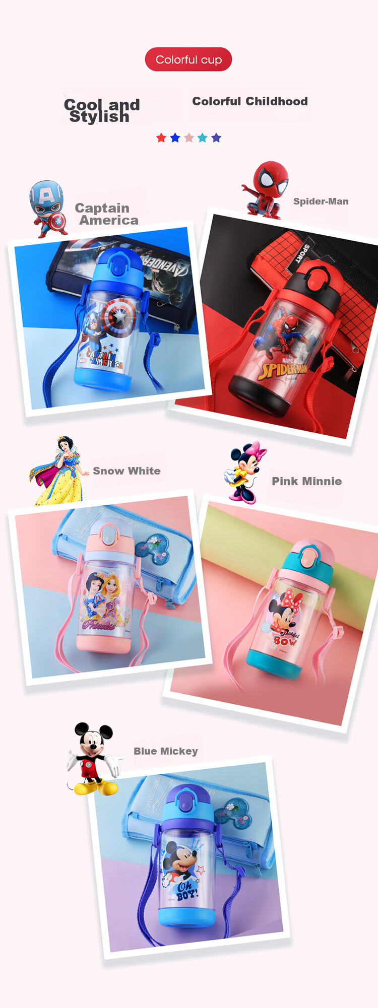 Disney Kids Water Bottle with Straw Large Capacity High Temperature Resistant Plastic Water Bottle Double Lid Drinking Cup for Boys and Girls Elementary Students 12