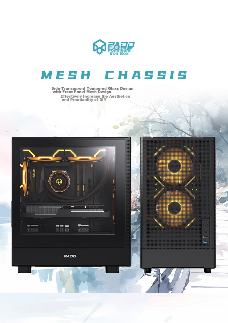 PADO Stylish 4 Black Desktop Computer Case with Glass Side Panel And Mesh Ventilation, Supports M-ATX Motherboard, Top 240mm Water Cooling 2