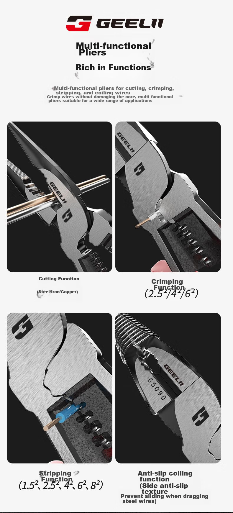 GeeLii 9-Inch Diagonal Cutting Pliers, Multi-Functional Pliers, Wire Stripping Pliers, Side-Cutting Pliers, Wire Cutting Pliers, Electrician's Scissors, Diagonal Pliers 65061 28