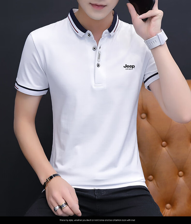 JEEP SPIRIT Men's Short-Sleeve T-Shirt, Summer Polo Shirt, Half-Sleeve, Turn-Down Collar, Business Casual, Slim Fit, White, XL 16