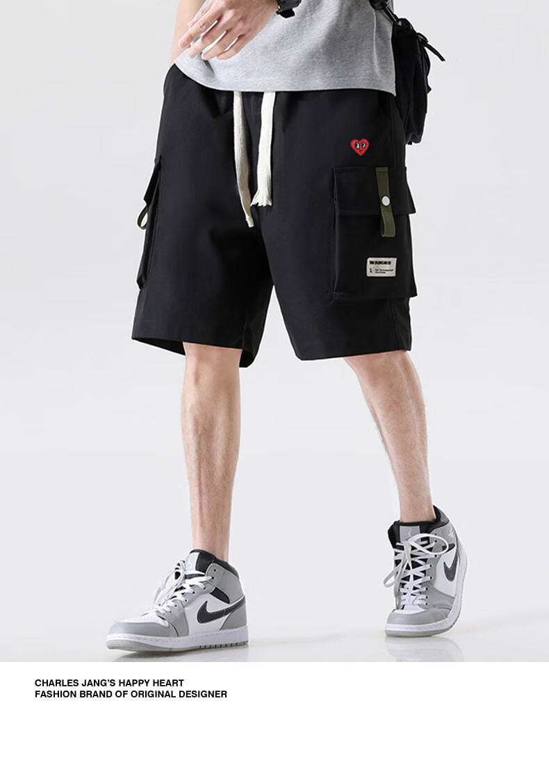 Charles Heart Men's Work Shorts Summer Thin Love Heart Embroidery Beach Loose Breathable Knee-Length Shorts Apricot L 9