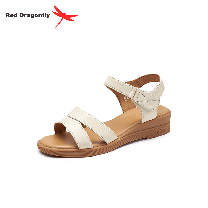 RED DRAGONFLY Genuine Leather Mom Sandals, Summer Comfortable Soft-Soled Shoes for Middle-Aged And Elderly, WTK23336, Beige, Size 35