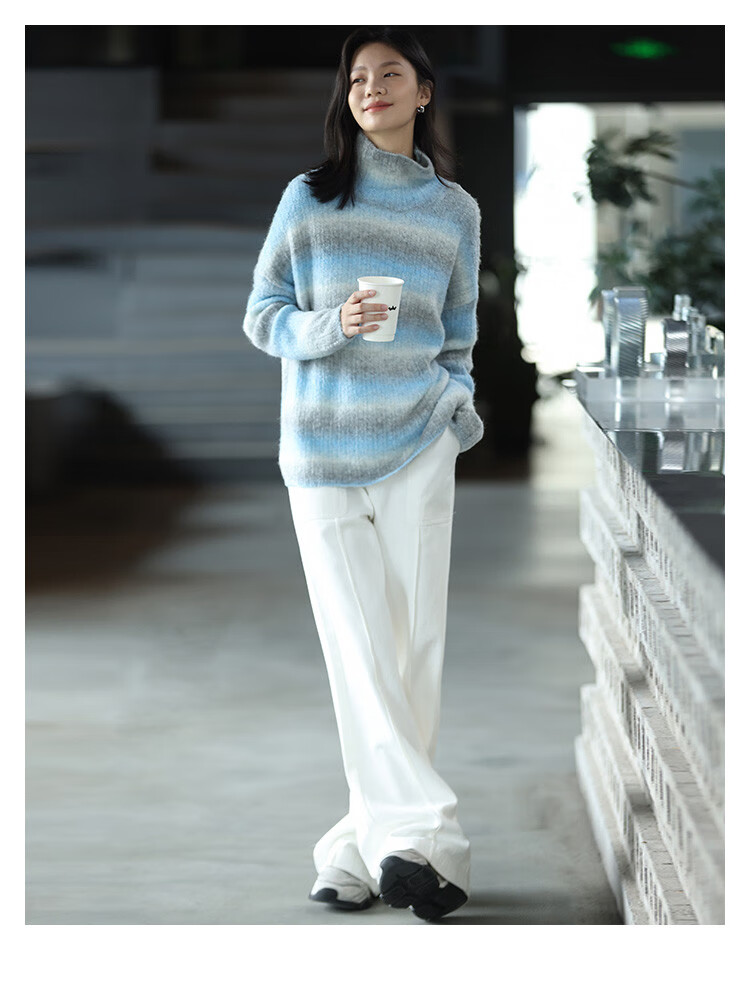 Dme [Sea Salt Layered Knit Sweater] Winter Style Artistic Healing Gray-Blue Gradient Soft Sweater for Women, Blue-Gray, S 8