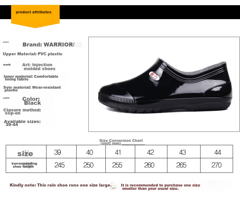 Warrior Men's Low-Top Adult Kitchen Shoes, Rain Boots, Waterproof Shoes, Rubber Shoes, Overshoes, Water Boots, 8329 Black, Size 44 4