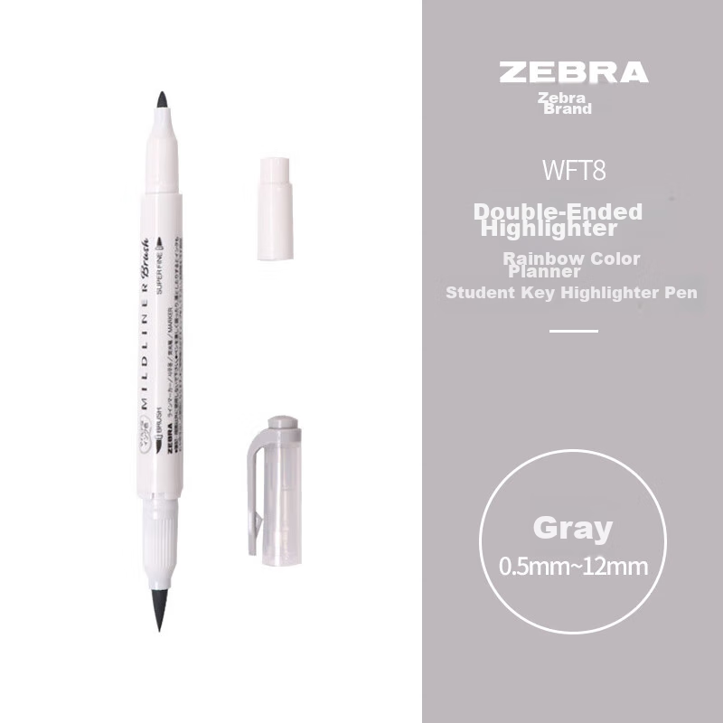 ZEBRA Double-Ended Highlighter Pen, Rainbow Color Planner Pen, Student Highlighting Pen Marker Pen, Brush Soft Color Series WFT8 Gray