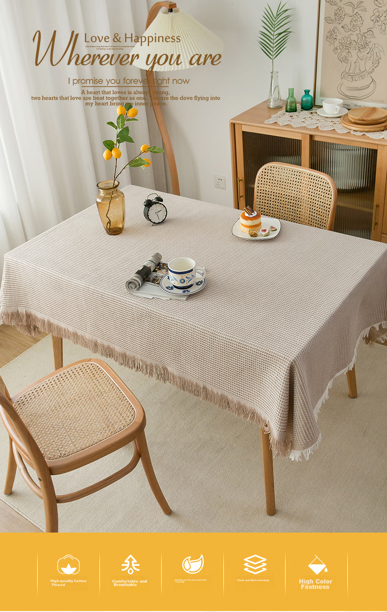 AVIVI Tablecloth, Fabric Dining Table Cover, Rectangular Coffee Table Cloth, Cotton And Linen Desk Cover, Table Cover, 90*150 Cm, Khaki Waffle Patter 1