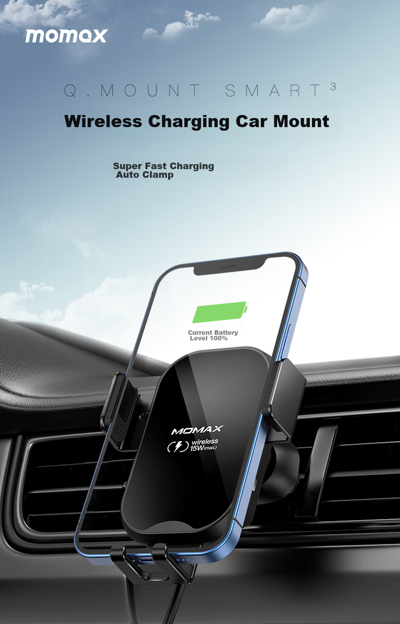 MOMAX Car Phone Holder, 15W Wireless Fast Charging Car Phone Mount, Magnetic Air Vent Navigation Stand 2